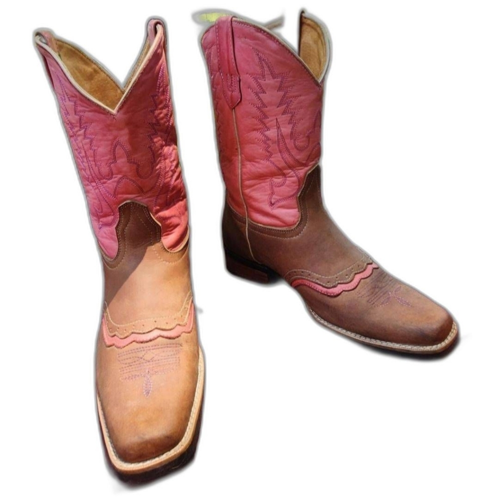 Women's Pink and Brown leather Cowgirl Western Boots JNV size 9.5